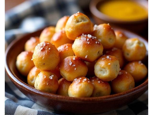 Soft, golden-baked pretzel bites sprinkled with coarse salt, served with a dipping sauce.